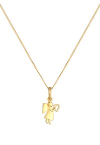 Zlatna ogrlica s privjeskom anđela koji drži srce, s finom lancem i poliranim završetkom. Jednostavan dizajn s glatkim rubovima.