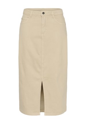 Beige denim midi-rok met een split aan de voorkant, vijf-vaks ontwerp, knoopsluiting en riemlussen, met een gladde, gestructureerde afwerking.