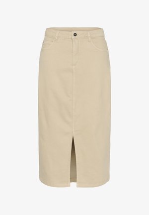 Beesinine denim midi seelik, mis on varustatud esiseguga, viie-tasku disainiga, nööbiga kinnitamise ja vöökohaga, millel on sile, tekstureeritud viimistlus.