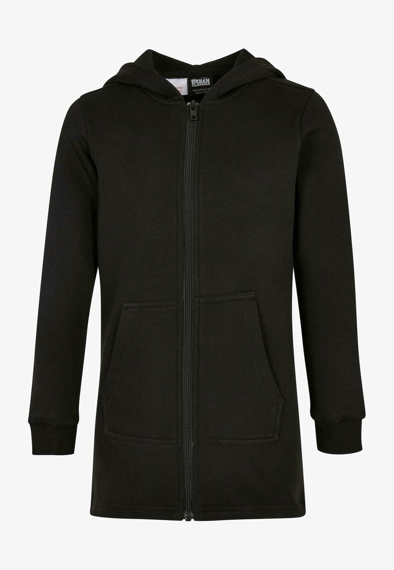 Schwarze Zip-Hoodie aus weichem Material, mit einem vorderen Reißverschluss, großen Taschen und einer Kapuze. Lange Ärmel mit Rippbündchen.