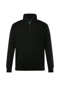 Jersey negro de punto con cuello alto y cierre de cremallera. Presenta un patrón texturizado con sutiles motas multicolores a lo largo.