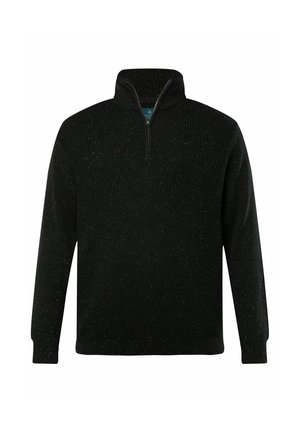 Schwarzer gestrickter Pullover mit hohem Kragen und Reißverschluss. Besitzt ein strukturiertes Muster mit dezenten mehrfarbigen Punkten.