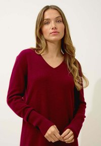 Burgundské pletené svetr s výstřihem do V a dlouhými rukávy. Nabízí žebrované manžety a měkkou texturu. Jednoduchý, rovný design bez vzorů.