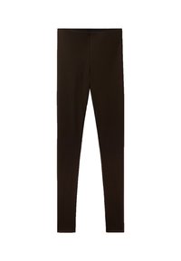 Leggings noirs en matière extensible avec une texture lisse, design long complet et taille élastique. Pas de motifs ou d'accents visibles.