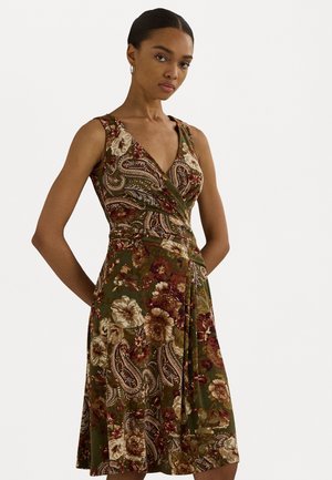 FLORAL SURPLICE JERSEY SLEEVELESS DRESS - Jersey dress - olive multi