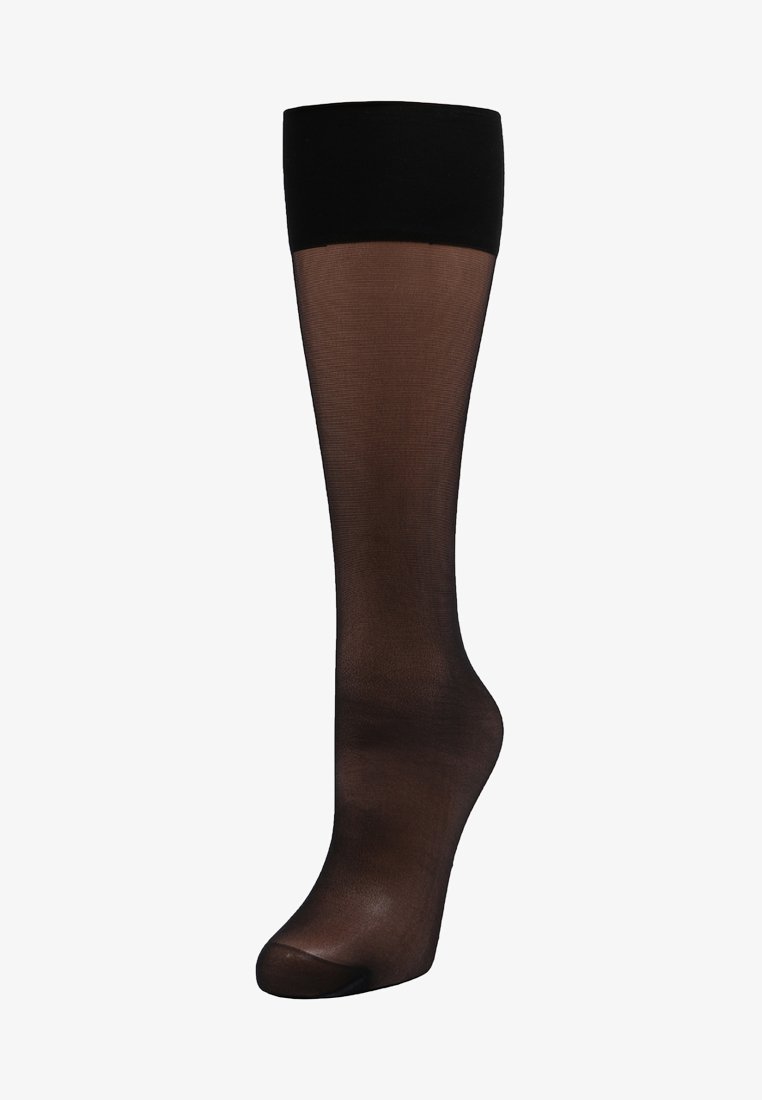 Medias negras transparentes hasta la rodilla con una textura suave, que cuentan con una amplia banda negra en la parte superior para un ajuste seguro y un diseño con pie.