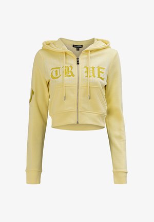 Lichtgele cropped hoodie met ritssluiting, voorzakken, trekkoorden en geborduurde "TRUE" letters op borst en mouw.