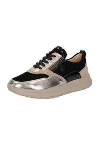 Schwarze, goldene und beige Sneaker mit Wildleder- und Metallicakzenten, Schnürverschluss, seitlichem Reißverschluss und einer strukturierten Gummisohle.