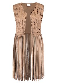 Braune Wildlederweste mit laserperforierten Mustern und fransigem Saum. Verfügt über ein ärmelloses Design und offene Frontverschluss. Weiche Textur.