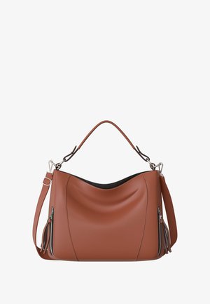 Brown leather hobo bag with a smooth texture, curved shape, and black interior. Features silver hardware and side zip pockets with tassels.