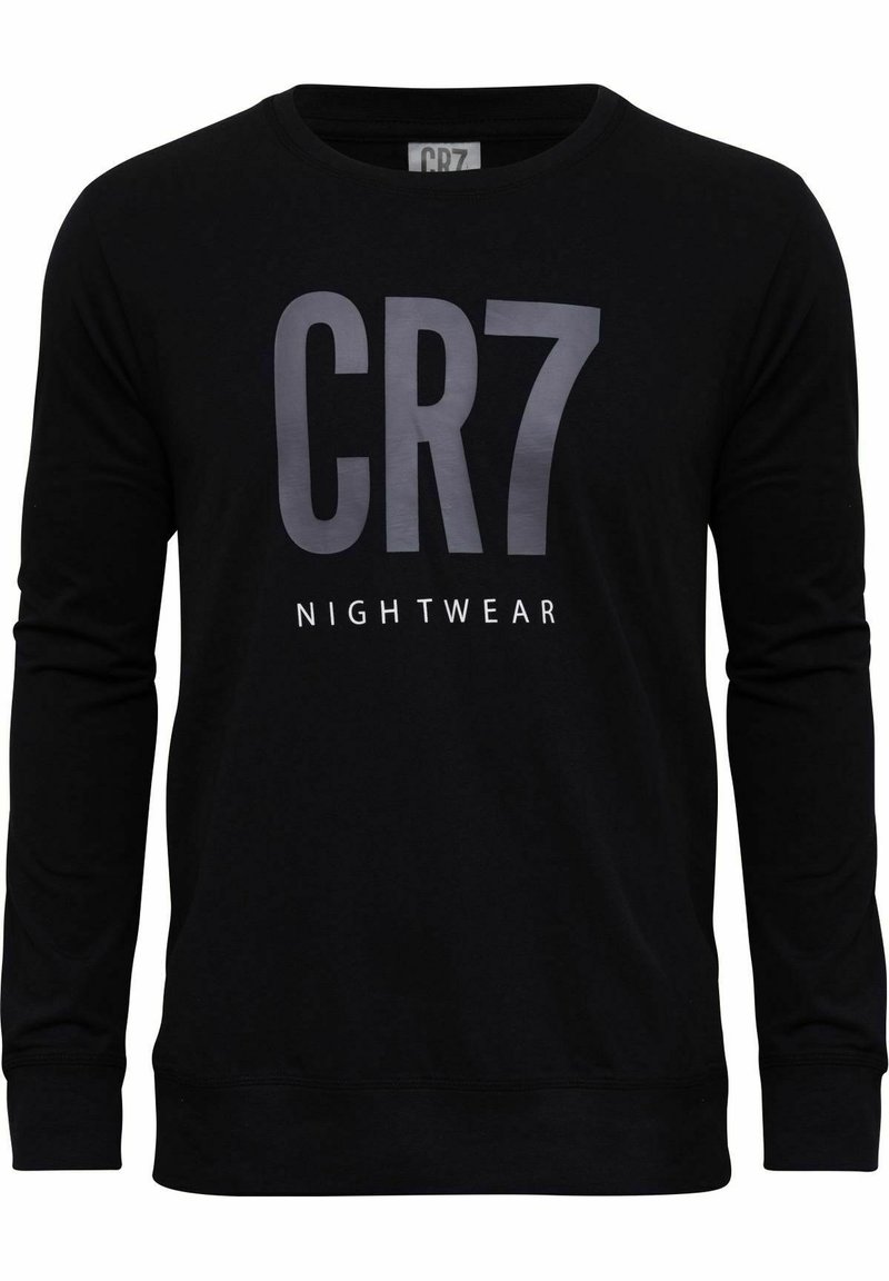 Sudadera negra de manga larga, material de algodón, presenta un gran logo "CR7" y el texto "NIGHTWEAR" en blanco en el frente, con puños y dobladillo acanalados.