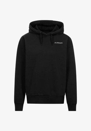 Felpa con cappuccio nera realizzata in tessuto morbido, con tasca frontale, cappuccio con coulisse e un piccolo logo bianco sul petto. Design pulito e semplice.