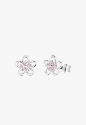 Boucles d'oreilles en argent en forme de fleurs, avec des centres en rhinestones roses, une finition lisse et des boucles délicates formant les pétales. Style clip-on.