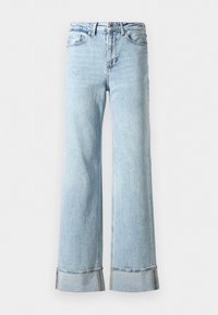 Ljusblå denimjeans med vida ben, fransade fållar och dekorativt strassdetalj vid fållarna. Standard fem-ficksdesign.
