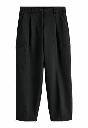 Black straight-leg cargo pants with side pockets, belt loops, front button, zipper closure, and small slits at the ankle hems.