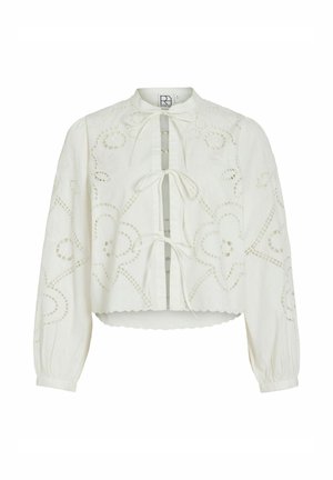 Witte blouse met lange mouwen, versierd met bloemige oogjesborduurwerk, drie strikjes aan de voorkant, een golvende zoom en licht opgeblazen mouwen met knoopmanchetten.