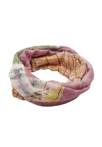 Wielokolorowy szal wykonany z lekkiego materiału. Oferuje florystyczne i kraciaste wzory w delikatnych odcieniach różu, pomarańczy i zieleni. Teksturowane wykończenie.