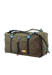 Green duffel bag made of durable fabric, featuring blue plastic buckles, black straps, a brown leather accent, and a logo patch.
