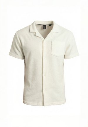 Short-sleeve, off-white textured button-up shirt with a collar and chest pocket, displayed on a plain white background.