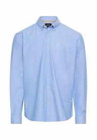 Light blue long-sleeve button-up shirt with button-down collar, front pocket on left chest, and white buttons down the front.