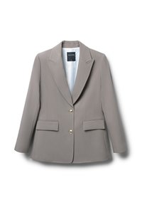 Blazer grigio realizzato in tessuto liscio, con rever a punte, due tasche frontali e chiusure a bottoni dorati. Fodera interna bianca visibile.