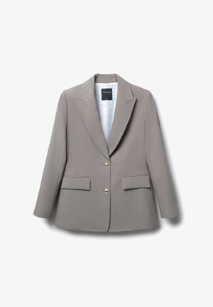 Blazer gris en tissu lisse, avec un revers cranté, deux poches avant et des fermetures à boutons dorés. Doublure intérieure blanche visible.