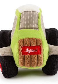 Green plush tractor toy with a soft textured body, featuring a gray dotted cabin, brown accents, and black wheels. "sigikid" label visible.
