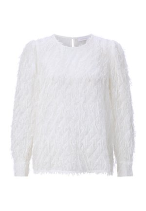 Biela blúzka s dlhými rukávmi z textúrovaného strapcového materiálu a okrúhlym výstrihom, s malým zapínaním na gombík na chrbte.