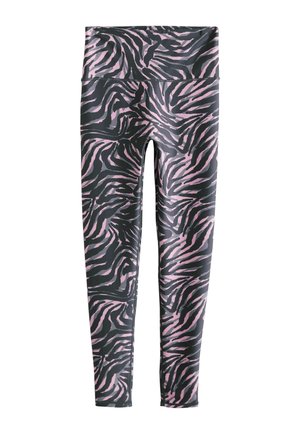 Hoch taillierte Leggings mit schwarzem und pinkem Zebramuster, in voller Länge, aus glattem, dehnbarem Stoff.