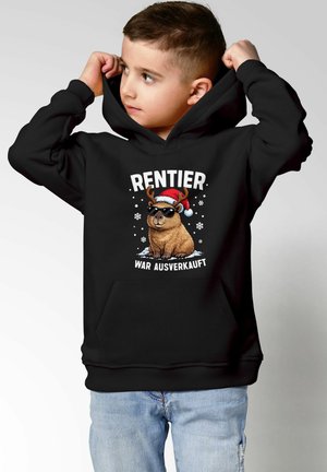Schwarzer Hoodie mit einem Cartoon-Weihnachtsrentier mit Sonnenbrille und Weihnachtsmütze, bedrucktem Text "RENTIER WAR AUSVERKAUFT" und einer Vordertasche.