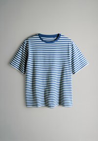 Trumpa marginta marškinėliai šviesiai mėlynos ir baltos spalvos, suapvalintu apykakliu, medvilnės audinio ir laisvo silueto. Horizontalių dryžių raštas yra nuoseklus.