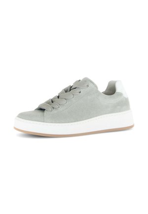 Gray suede sneaker with thick white sole, wide matching laces, and white heel accent, shown in side profile on white background.