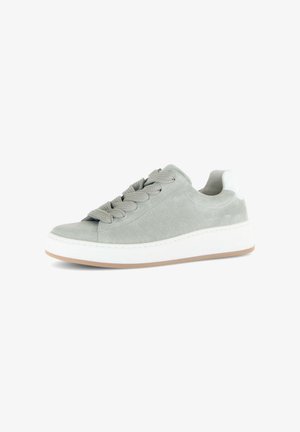 Gray suede sneaker with thick white sole, wide matching laces, and white heel accent, shown in side profile on white background.