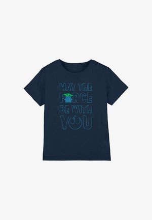 Navy blue T-shirt with "May the Force be with you" text and cartoon green character resembling Baby Yoda between the words "the" and "Force."