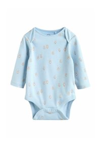 helehall sinise varrukatega kõhulina pehmest puuvillast, millel on väikeste karude muster. Alumises osas on trukid.