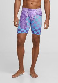 Utsmykkede, tilpassede boxer-skjorter for menn i lilla og blå rutemønster, med et mønstrete midjebånd som kombinerer solide og grafiske designelementer.