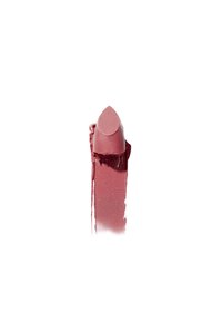 Rouge à lèvres mat dans une teinte rose douce avec une pointe effilée et un échantillon révélant une texture crémeuse. Fini lisse sans paillettes visibles.