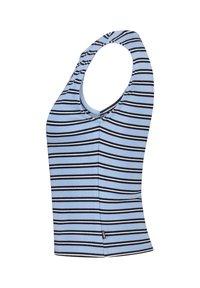 Blue striped sleeveless top with a fitted design, featuring navy horizontal stripes and a round neckline. Made from ribbed fabric.