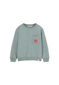 Sweatshirt vert clair en tissu doux, avec un col rond, des manches longues et une poche avant avec un texte rouge.