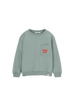 Sweatshirt vert clair en tissu doux, avec un col rond, des manches longues et une poche avant avec un texte rouge.