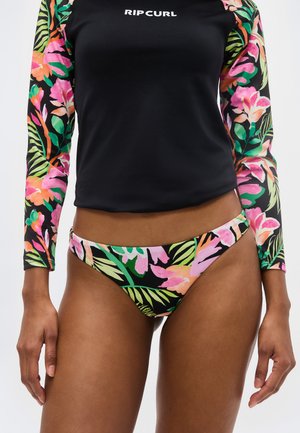 Čierny dlhý ochranný rash guard s logom "RIPCURL" a zladené bikinové nohavičky s farebnými kvetinovými motívmi v ružovej, oranžovej a zelenej farbe.