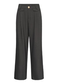 Pantalon gris foncé à jambes larges avec bouton sur le devant, passants de ceinture et deux petites poches avant à rabat.