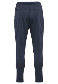 Navy blue athletic pants made from smooth, stretchy material with a fitted design, featuring a subtle stripe along the sides.