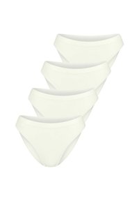 Vier Paare weißer Baumwollbikinis mit glatten Kanten und niedriger Taille, die ein nahtloses Design für Komfort und Passform aufweisen.