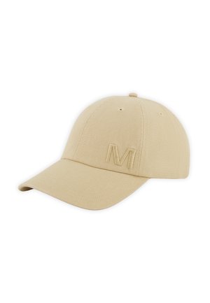 Beige baseballkasket med buet skygge og broderet bogstav "M" på frontpanelet, vist mod en hvid baggrund.