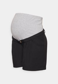 Černé těhotenské šortky s šedým žerzejovým pasem, se zapínáním na knoflík a bočními kapsami. Hladký materiál s volným střihem.