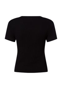 Zwart geribbeld gebreid T-shirt met korte mouwen, een rechte zoom en een ronde hals. Kenmerkt zich door een zachte textuur en een figuuraccentuerende pasvorm.