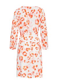 White dress with an orange and pink leopard print, long sleeves, a tie waist, and a buttoned back. Lightweight fabric with a smooth texture.