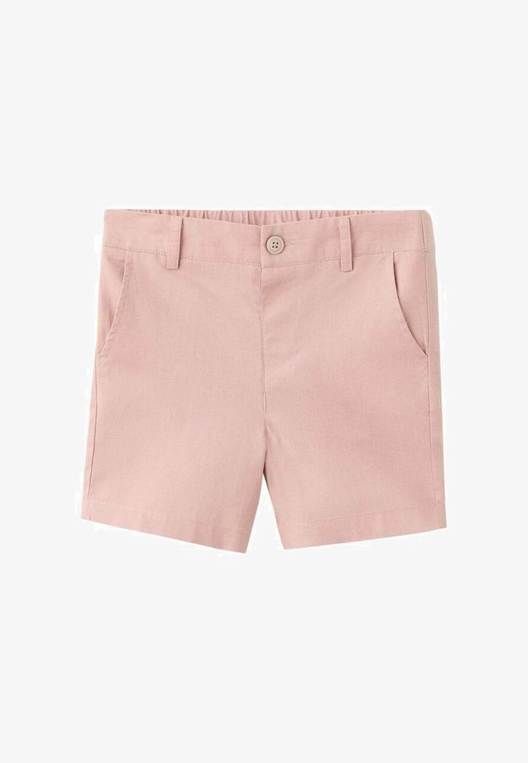 Shorts rose clair en tissu tissé, avec fermeture par bouton, deux poches latérales et une coupe ajustée au toucher lisse.