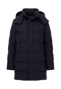 Svart vadderad vinterjacka med hög krage, avtagbar huva, framdragkedja och tryckknappsstängning.